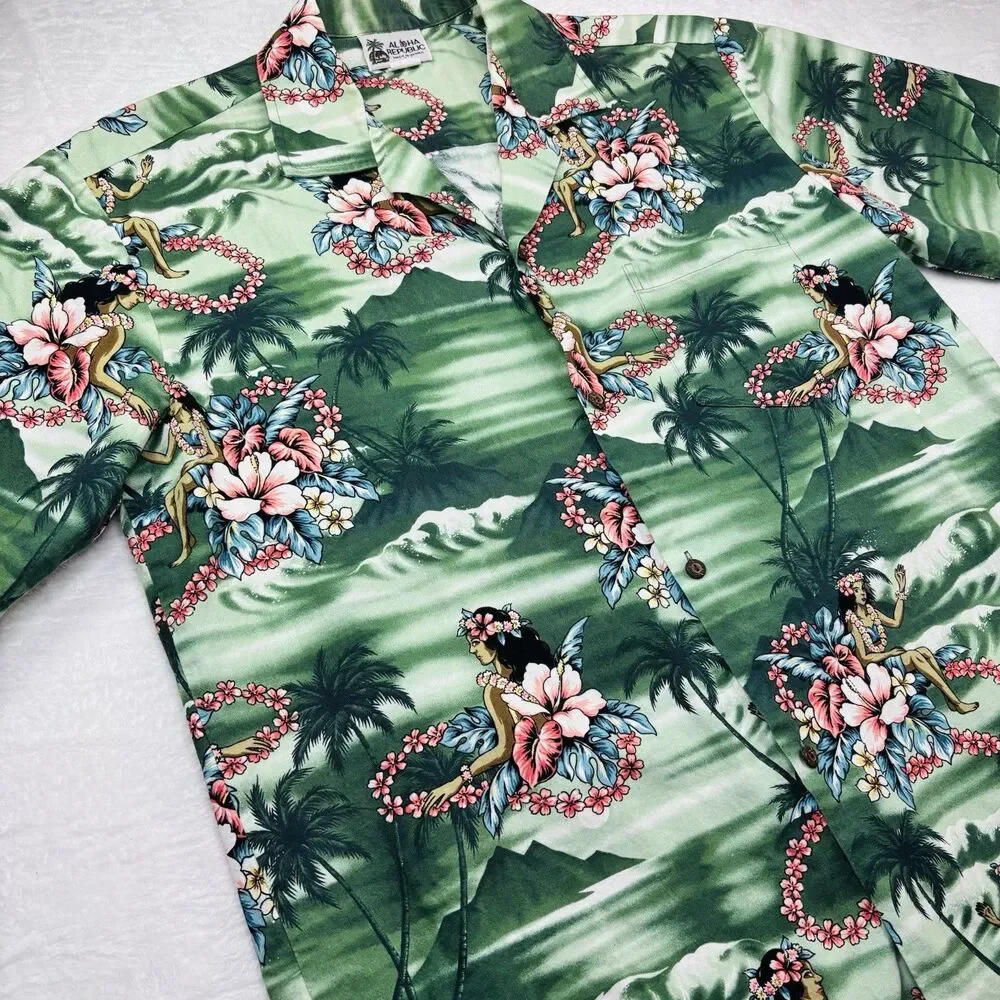 Vintage Aloha Republic Hula Girls Hawaiian Shirt Size Large Made In Hawaii USA - Picture 3 of 14